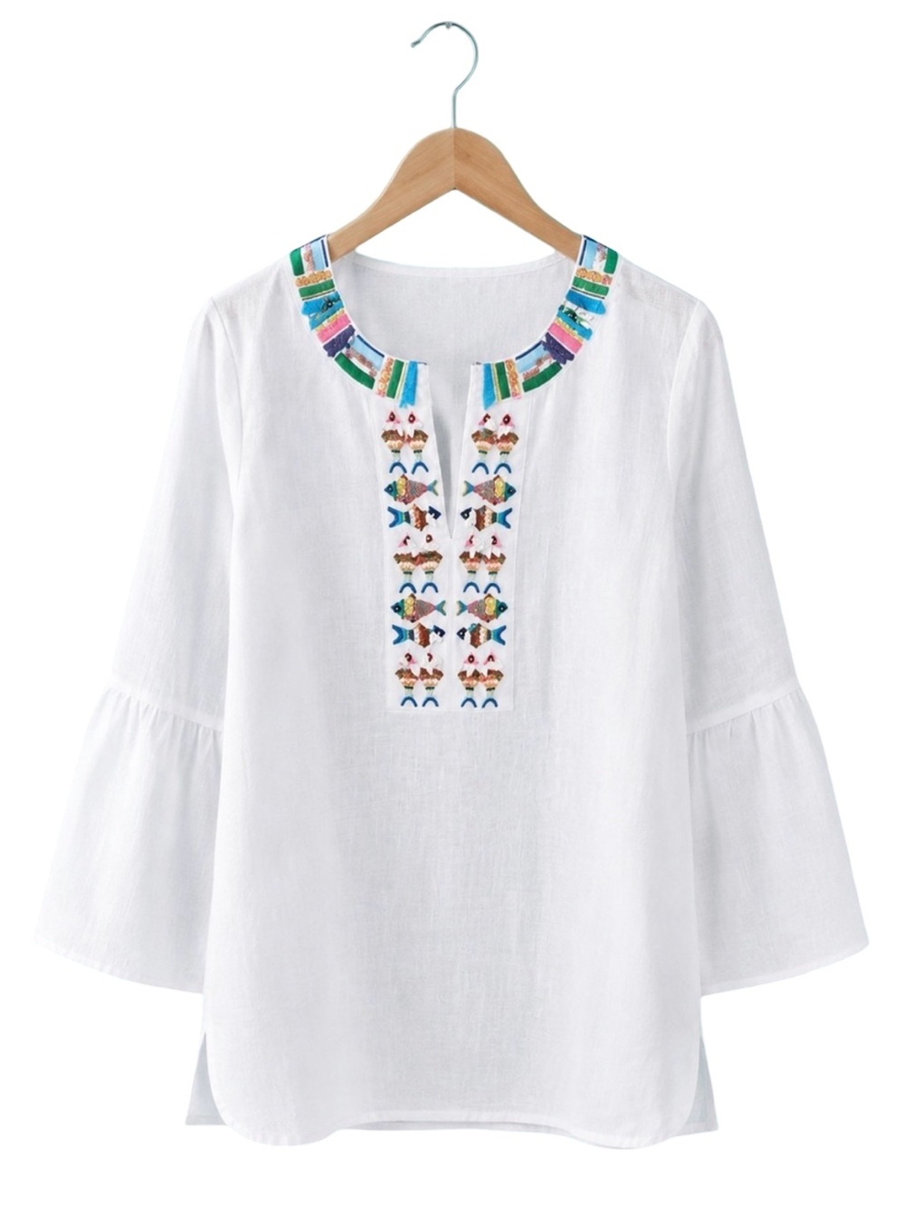 NWOT Talbots 100% Linen Tunic Top L White Embroidered beaded 3/4 bell sleeves